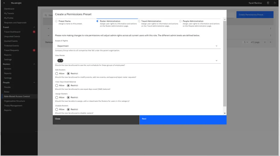 A role-based access control interface, with a pop-up form titled 'Create a Permissions Preset' that allows users to assign rights for roster, travel, and people administration. The form includes toggle options for allowing or restricting actions like viewing, editing, and assigning rosters, with a navigation sidebar visible on the left.