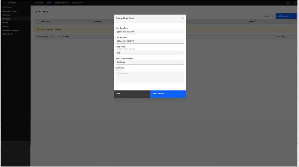 A web interface for managing downtime, with a pop-up form titled 'Create Downtime' containing fields for start and end date/time, plant selection, downtime type, and comments, alongside a navigation sidebar and data table in the background.