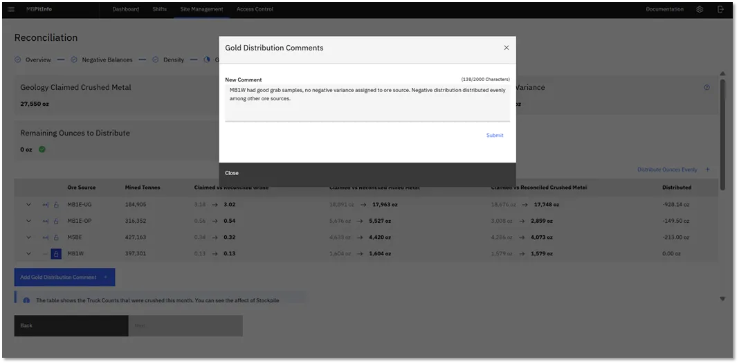 Pit Info’s gold distribution comments dialogue, recording why a variance was assigned as it was: “MB1W had good grab samples, no negative variance assigned to ore source. Negative distribution distributed evenly among other ore sources.”