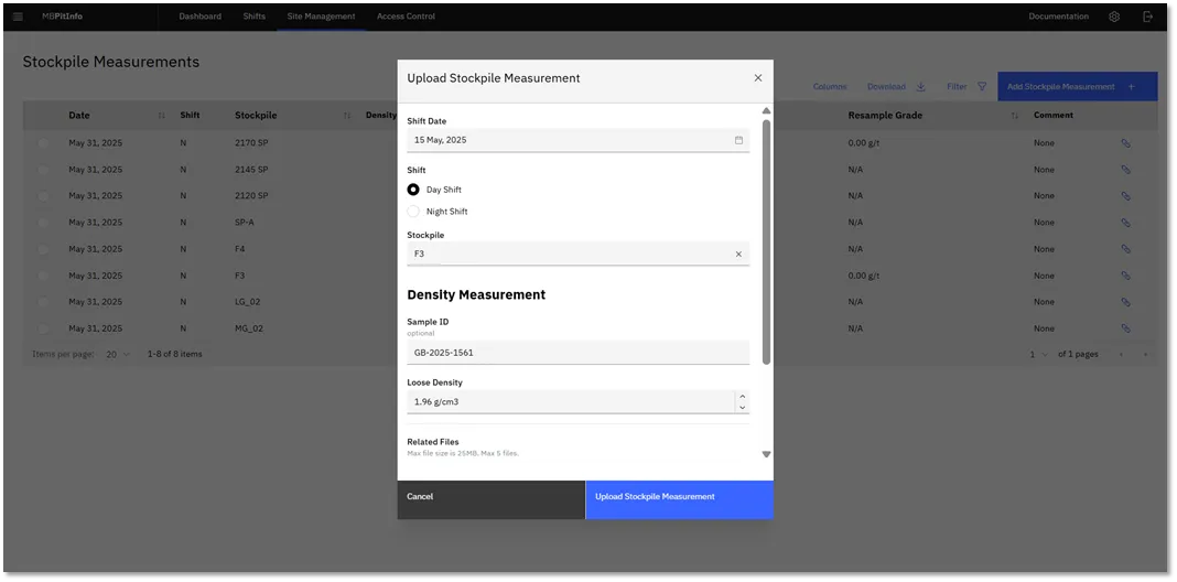 Pit Info’s stockpile measurements screen with the upload dialogue open: shift date, shift, stockpile, sample ID and loose density in grams per cubic centimetre, against the list of measurements already recorded by date and stockpile.