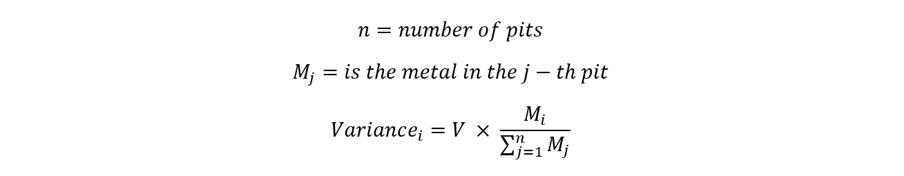 Where n is the number of pits and M sub j is the metal in the j-th pit, the variance assigned to pit i equals the total variance V multiplied by M sub i divided by the sum of M sub j across all n pits.